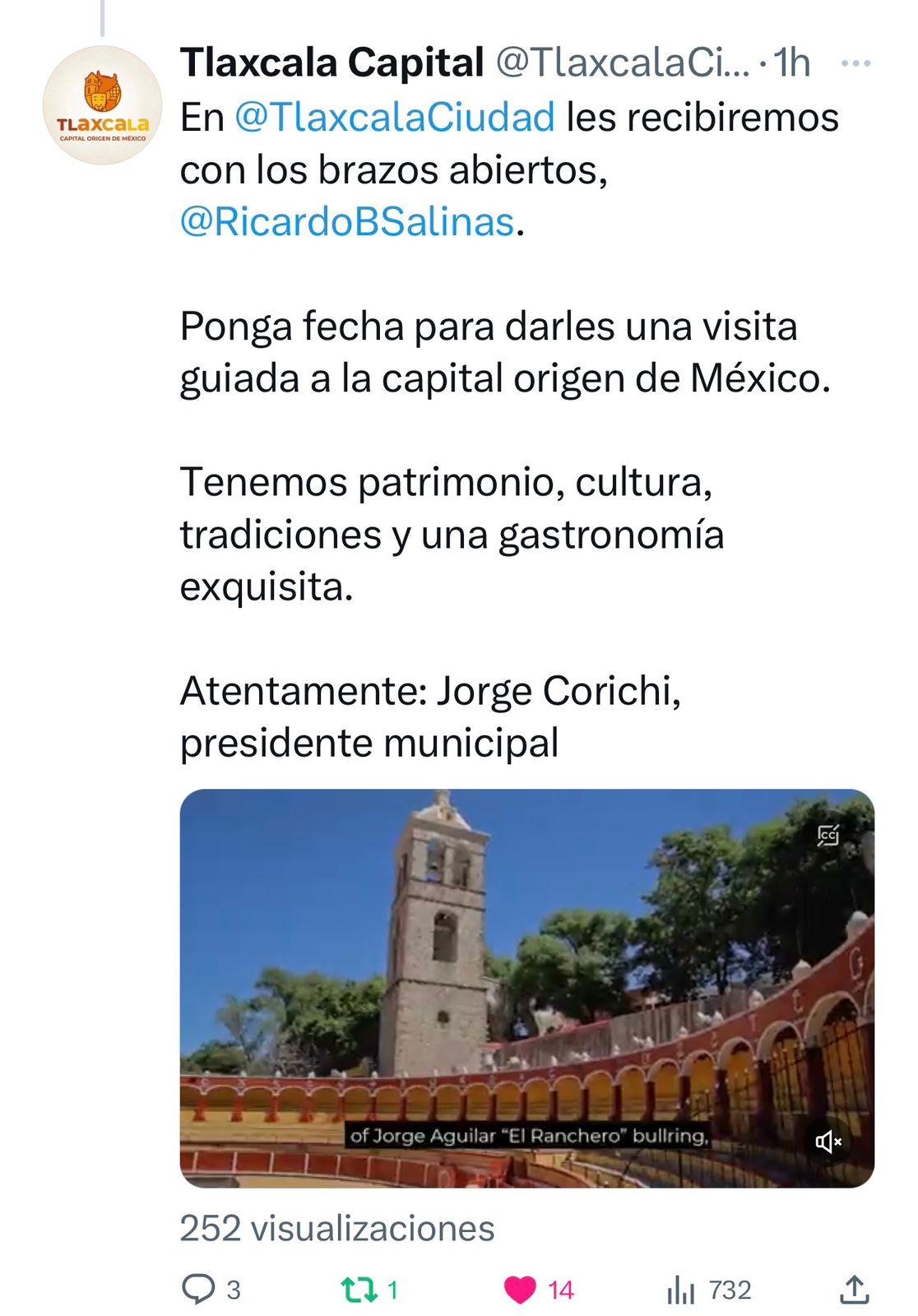 Invita el Presidente Jorge Corichi al empresario Ricardo Salinas Pliego a visitar y disfrutar de Tlaxcala Capital